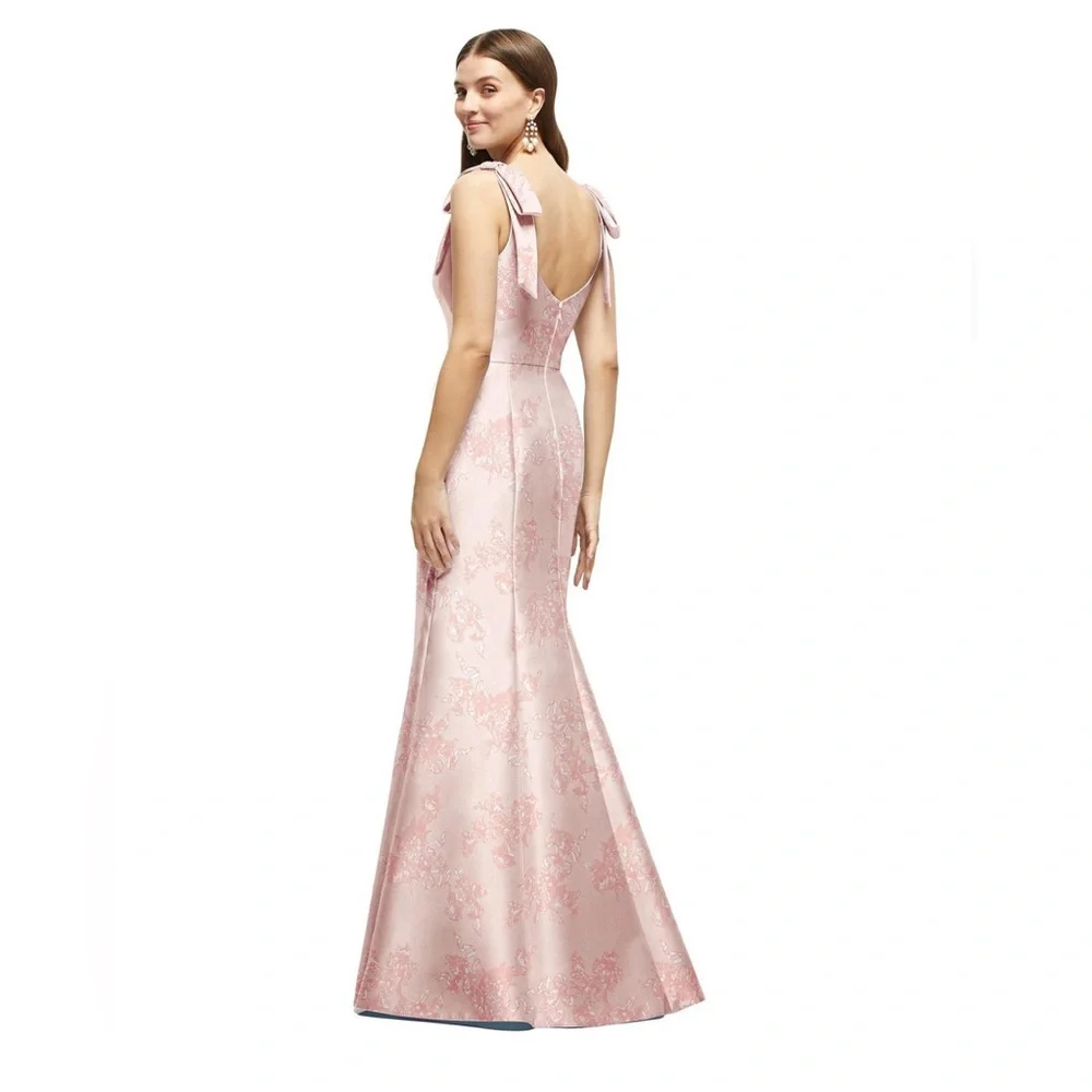 ALFRED SUNG Pale Pink Jacquard Bow-Shoulder Maxi Gown - Picture 2 of 5